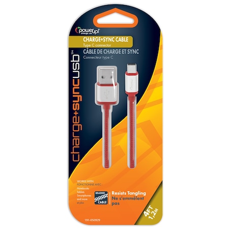 Power Up! Braided USB Cable w/Metal Ends Type C USB 4ft Red 191-050929